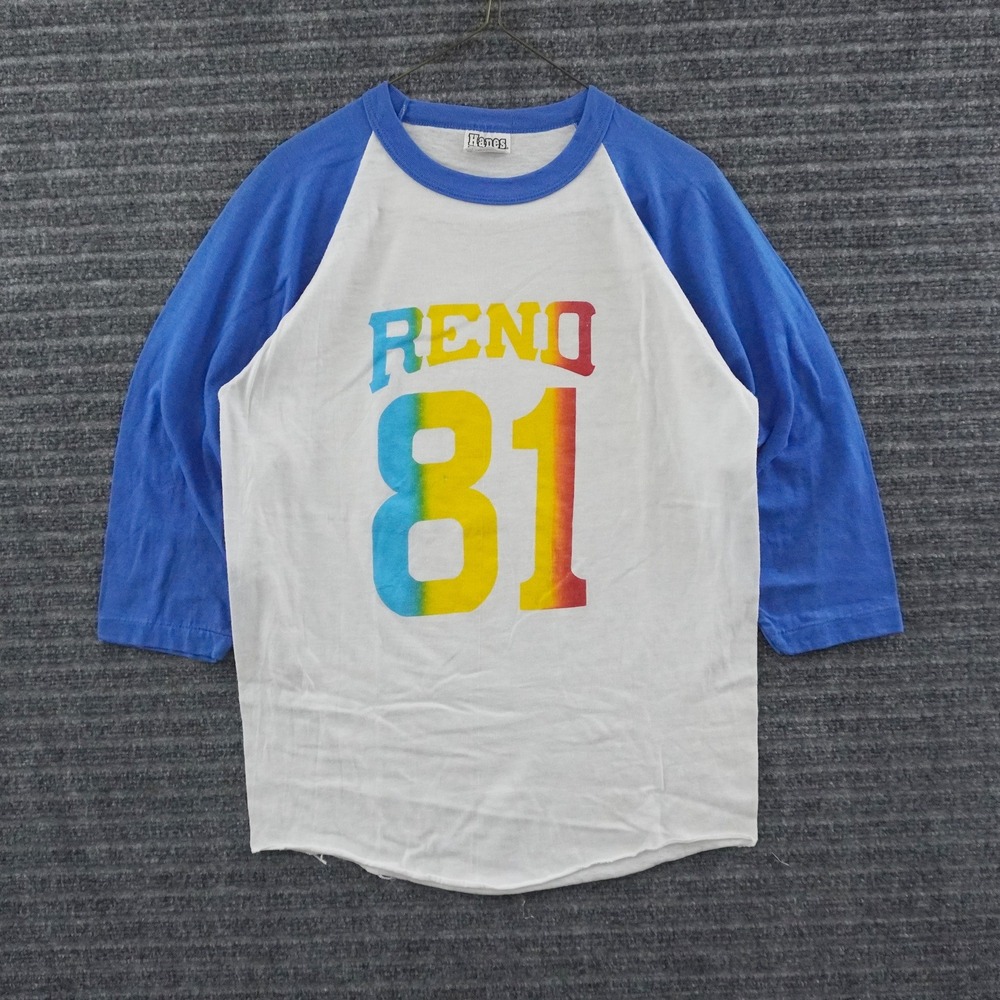 Vintage 80s Thin Hanes Raglan Shirt M White Blue Reno Nevada 81 Rainbow Graphic